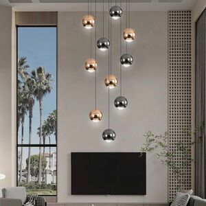 Multi-Bulb Hanging Pendant Light Cluster in Copper & Chrome